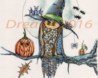 Owl Drawing, Owl Prints, Colored Pencil Owl, Owl Decor, Halloween Decor, Owl Art, Halloween Owl, Owl Witch, Witch Drawing, Whimsical Owl Art