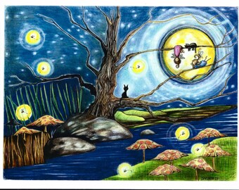 Fairy Illustration, Fairy Art, Children&#39;s Art Fairies out on a Limb on a Full Moons Night Art Print, Childrens Art Nursery Art Fairy Print