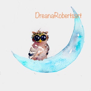 Owl over the moons watercolor print, Owl art, Whimsical Owls, Owl paintings, Baby owl wall decor