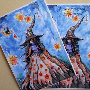 May include: A watercolor illustration of a witch with a black hat and a long dress covered in pumpkins. The witch is holding a wand with a spark at the end. The background is a blue sky with stars and a crescent moon with a black cat.