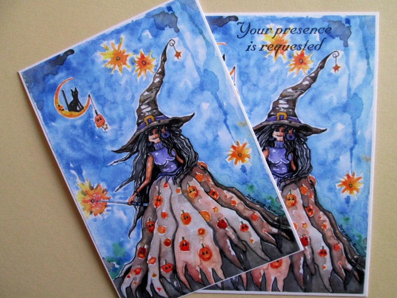 May include: A watercolor illustration of a witch with a black hat and a long dress covered in pumpkins. The witch is holding a wand with a spark at the end. The background is a blue sky with stars and a crescent moon with a black cat.