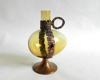 Pentti Sarpaneva Turun Hopea Finland vintage brutalist steampunk carafe with bronze accents Finland Scandinavian modernist Nordic Design.