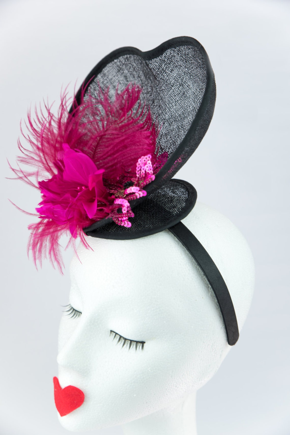 Charlotte Fascinator & Matching Bag Black Sinamay Pink Feather