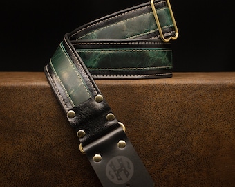 Leather Deuce Series 2" Black/Green "Skunk Stripe" leather guitar strap