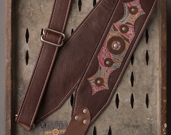 Leather Inlay Series 3" Chocolate Brown/Nickel Paisley leather guitar strap