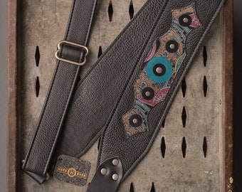 Leather Inlay Series 3" Black Paisley leather guitar strap