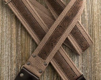 Leather Deuce Series 2" Stone Grey "Skunk Stripe" leather guitar strap