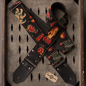 Tattoo Series 2" black fabric on black leather "Beauty" guitar strap