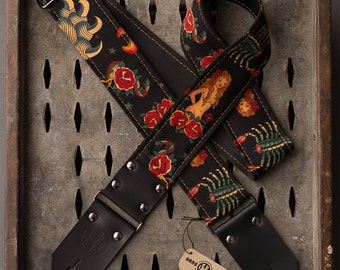 Tattoo Series 2" black fabric on black leather "Beauty" guitar strap