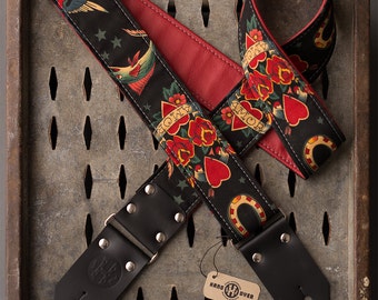 Tattoo Series 2" black fabric on red leather "Amor" guitar strap