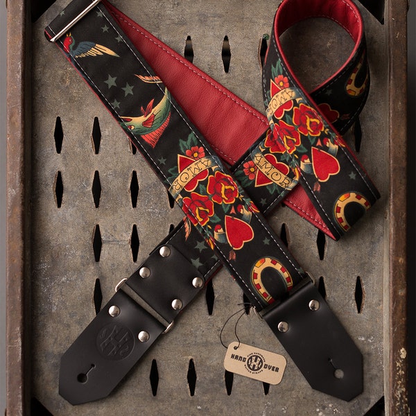 Tattoo Series 2" black fabric on red leather "Amor" guitar strap