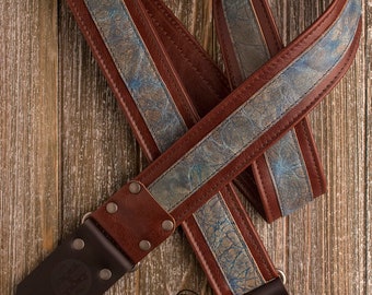 Leather Deuce Series 2" Redwood/Blue "Skunk Stripe" leather guitar strap