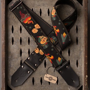 Tattoo Series 2" black fabric on black leather "Skull and Dice" guitar strap