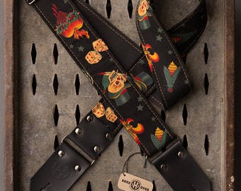 Tattoo Series 2" black fabric on black leather "Skull and Dice" guitar strap