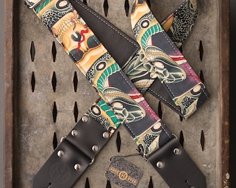 Tattoo Series 2" fabric on black leather "Snake/Skull" guitar strap