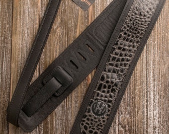 Ladder Back Series 3" Black and Grey Embossed leather guitar strap