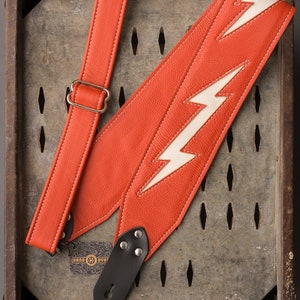 Leather Inlay Series 3" orange/white lightning bolt leather guitar strap