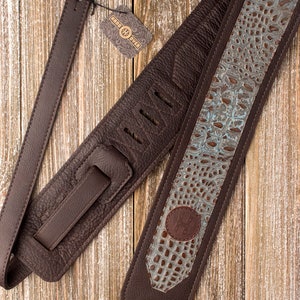 Ladder Back Series 3&quot; Brown and Turquoise Embossed leather guitar strap