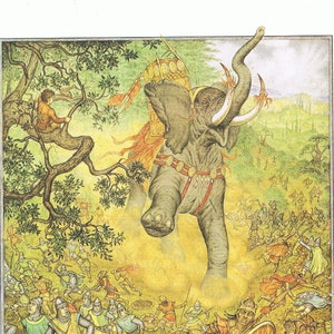May include: A detailed illustration of a large, gray elephant with tusks and a decorated saddle, charging through a field of soldiers. The elephant is surrounded by a chaotic scene of fighting and fleeing soldiers.
