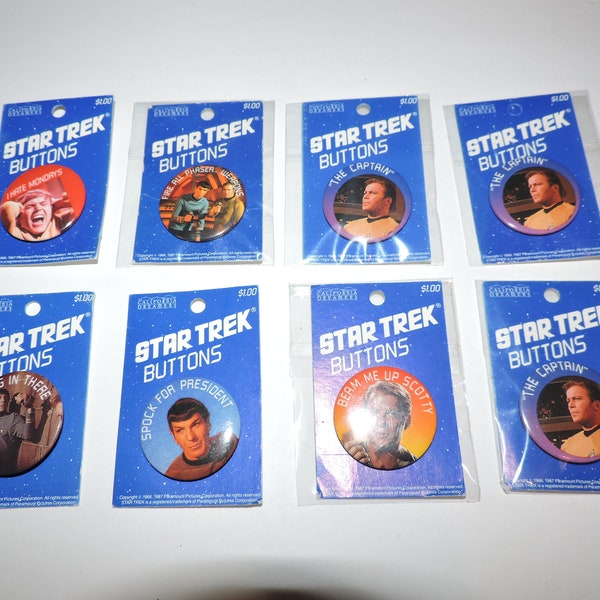 Vintage 1987 Star Trek Original Series Pinback Buttons - Kirk, Spock, Chekov