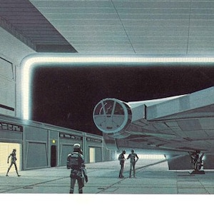 Millennium Falcon in Death Star Hangar 1977 Original Vintage Star Wars Painting Print by Ralph McQuarrie