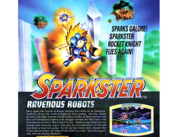 May include: A magazine page featuring a video game advertisement for Sparkster: Ravenous Robots. The ad features a cartoon character with a rocket pack and the text "Sparks Galore! Sparkster Rocket Knight Flies Again!" The page also includes a map of a level from the game, showing the layout and enemies.