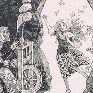 May include: A black and white illustration of a woman spinning a wheel. The woman is wearing a long dress and a hat. She is standing in a cave with bats flying around her. The text "AVILLA RAN FORWARD AND CRIED: 'NOW GIVE SIGHT TO MY SISTER'" is at the bottom of the image.