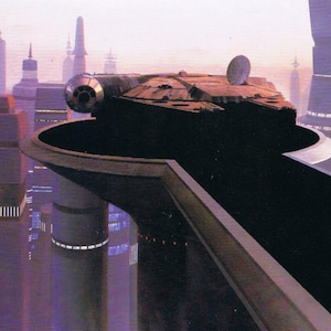 May include: A futuristic cityscape with a large, dark spaceship docked on a platform. The city is made up of tall, slender buildings with a purple and blue color scheme. The sky is a hazy orange and pink.