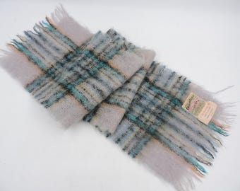 Vintage Glentana Wool & Mohair Plaid Scarf Blue Grey Fringed Made in Scotland