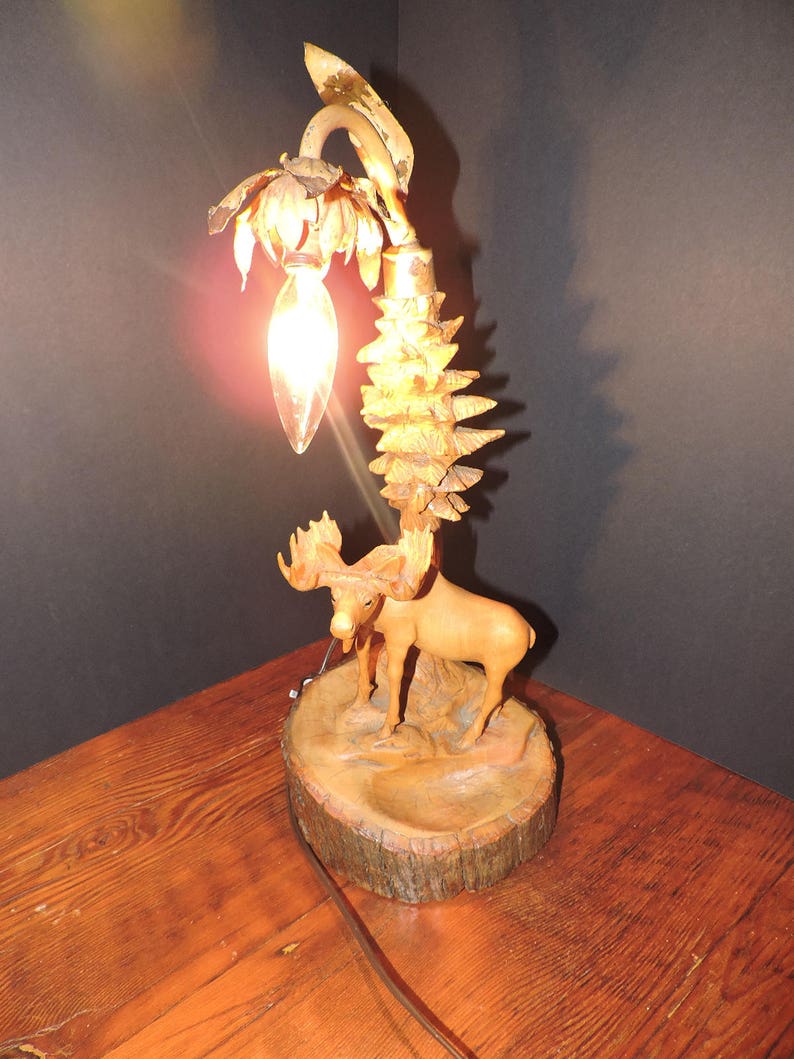 Antique Hand-Carved Tree Stump Moose Lamp Tested /& Working