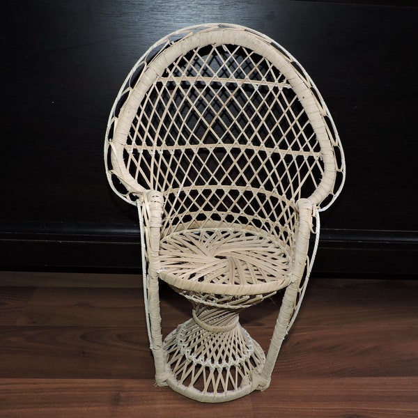 Vintage Wicker Peacock Fan Back Rattan Chair 16” Doll Chair / Plant Stand Boho Decor