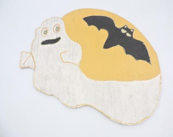 Ghost & Bat Handmade Painted Plywood Halloween Wall Hanging