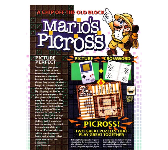 1995 Mario's Picross Nintendo Game Boy Vintage Video Game