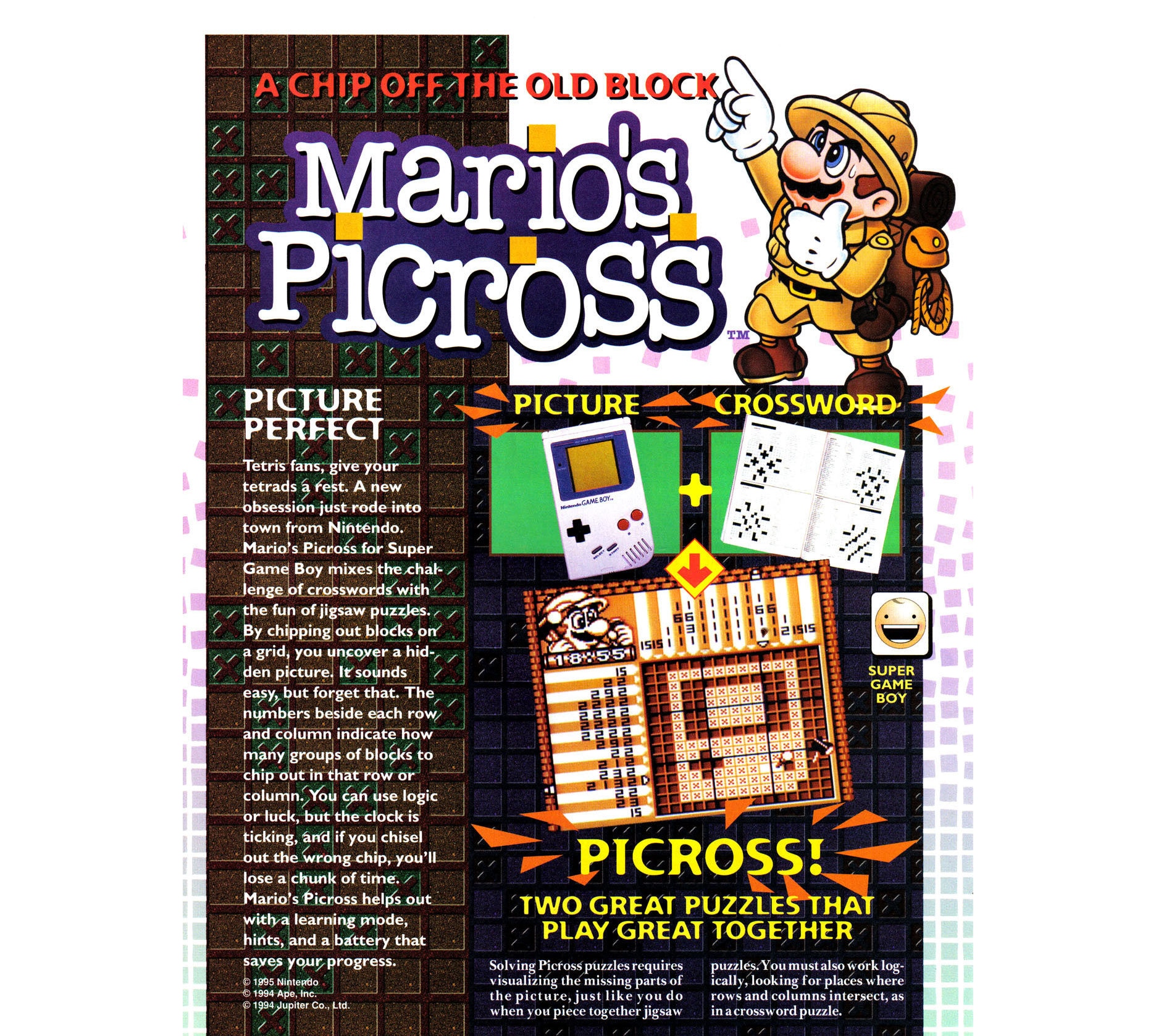 1995 Mario's Picross Nintendo Game Boy Vintage Video Game