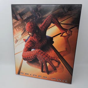Op de afbeelding: Een ingelijste afbeelding met Spider-Man in zijn rood-blauwe pak, die zich aan een gebouw vastklampt. Het kunstwerk heeft een warme, oranje en gele achtergrond met de woorden "SPIDER-MAN" onderaan.