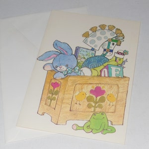 Tarjeta de felicitación vintage para niños sin usar con el texto "Maravilloso día" y "Cumpleaños", "Mejores deseos", "Cofre de juguetes"