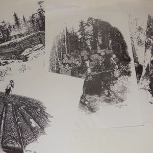 May include: A set of five black and white illustrations depicting scenes from a lumberjack's life. The illustrations show a log cabin in the woods, a group of lumberjacks loading logs onto a wagon, a single lumberjack standing in a field of logs, and two lumberjacks cutting down a large tree.