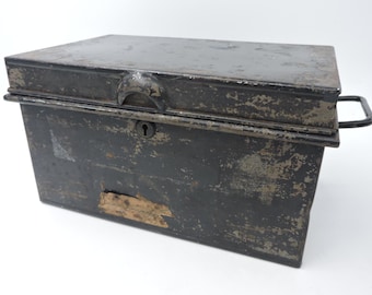 Antique English Black Metal Small Trunk Storage Box