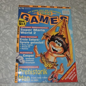 VIDEO GAMES 1995 Vol. 8 German Video Game Magazine - Super Mario World 2, Prehistoric Man, Casper, Etc.