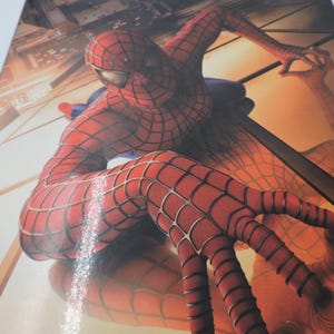 Op de afbeelding: Een dynamisch beeld van Spider-Man in zijn iconische rood-blauwe pak met webdetails. Het kunstwerk toont de behendigheid van de superheld, met een stadsachtergrond en een weerspiegeling.
