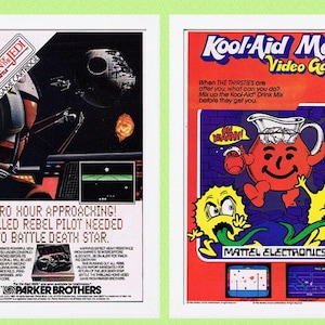 May include: Two vintage video game advertisements. The first ad is for the Return of the Jedi video game cartridge for the Atari 2600. The second ad is for the Kool-Aid Man video game for the Atari 2600. Both ads feature colourful illustrations and text.