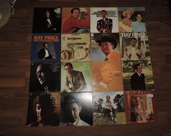 May include: A collection of 12 vinyl records by country music singer Ray Price. The records are arranged in three rows of four. The covers feature various photos of Ray Price, including a black and white photo of him in a suit, a colour photo of him in a cowboy hat, and a colour photo of him with a guitar. The titles of the albums include "For the Good Times", "The Very Best of Ray Price", "Born to Lose", and "Greatest Hits".