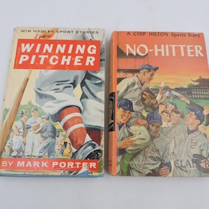 May include: Two vintage hardback books with illustrated dust jackets. The left book is titled Winning Pitcher by Mark Porter, featuring a baseball player. The right book is titled No-Hitter, a Chip Hilton Sports Story by Clair Bee, showing a team.