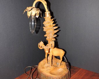 Antique Hand-Carved Tree Stump Moose Lamp Tested & Working