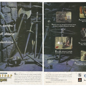 Peut inclure: Une publicité pour le jeu vidéo Death Trap Dungeon. L'annonce présente un donjon sombre et médiéval avec un mur de pierre et des armes. Le texte dit "Les donneurs d'organes n'ont pas toujours été des volontaires." et "Vous avez été prévenu."