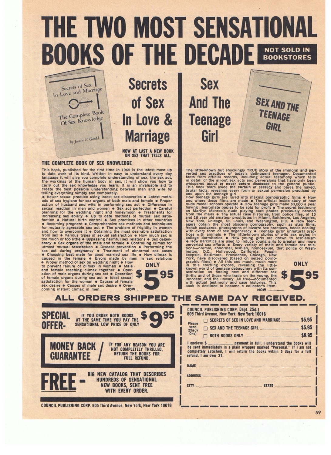 1967 Adult Sex Books Vintage Advertisement Order Form photo