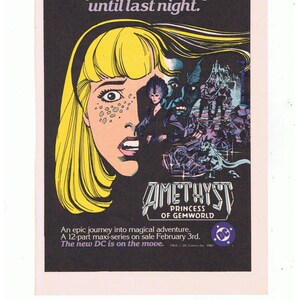 Puede incluir: Una portada de cómic con una mujer de cabello rubio y un traje morado y azul. El texto en la portada dice "Amethyst Princesa de Gemworld". El texto debajo de la imagen dice "Un viaje épico a la aventura mágica. Una maxi-serie de 12 partes a la venta el 3 de febrero. El nuevo DC está en movimiento."