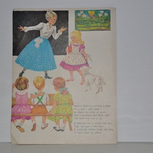 Mary Had A Little Lamb NURSERY RHYME Vintage Full Page Childrens Book Illustration