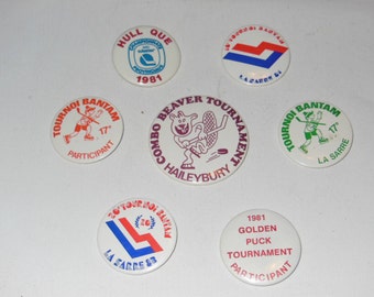 7 Vintage Hockey French Pinback Buttons 70s, 80s