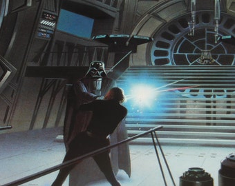 1983 Luke and Vader Duel Original Vintage Star Wars ROTJ Painting Print by Ralph McQuarrie